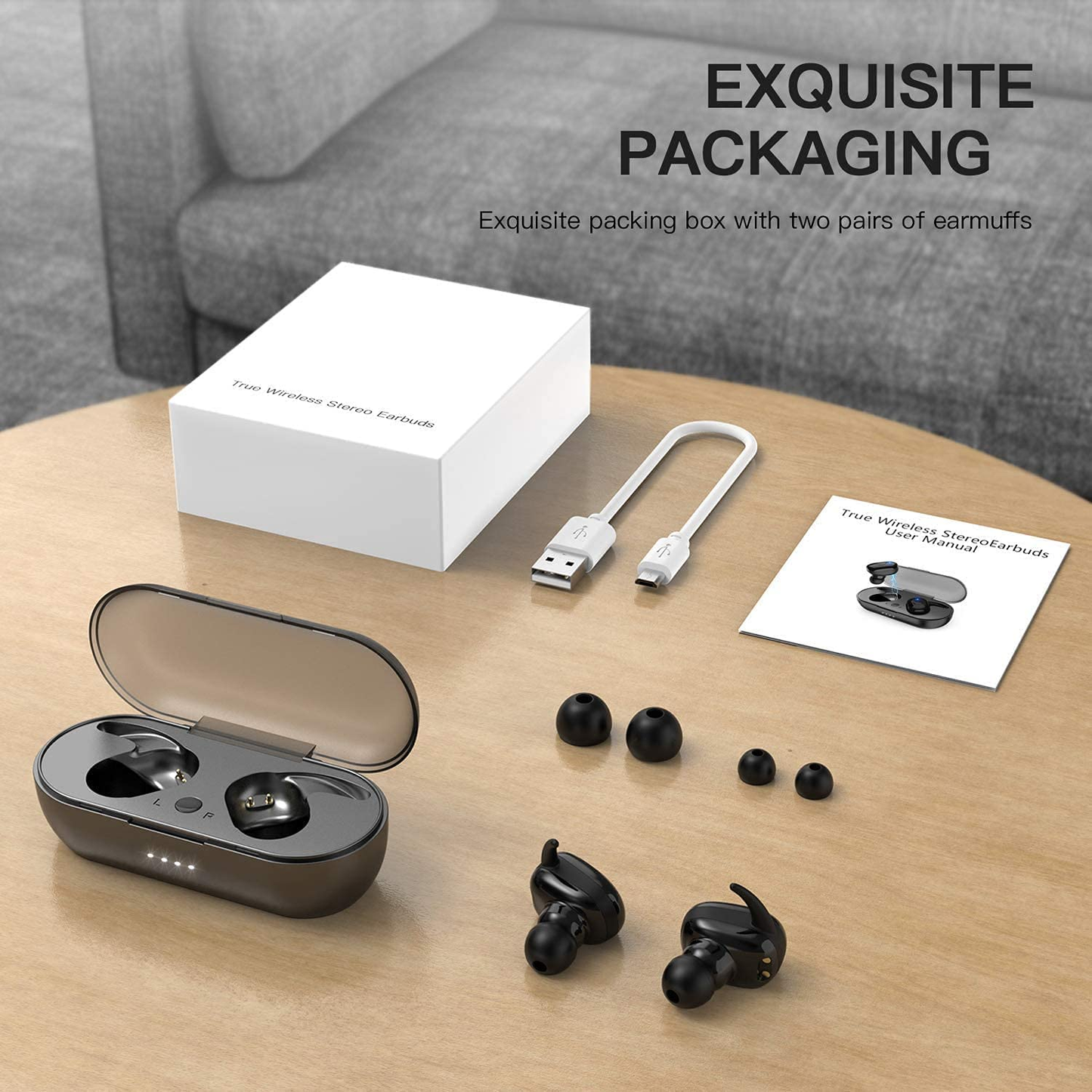 Musment Wireless Earbuds, Bluetooth Headphones with Microphone Bluetooth Earbuds Stereo Calls Extra Bass 36H for Workout,Black,Wts-T11