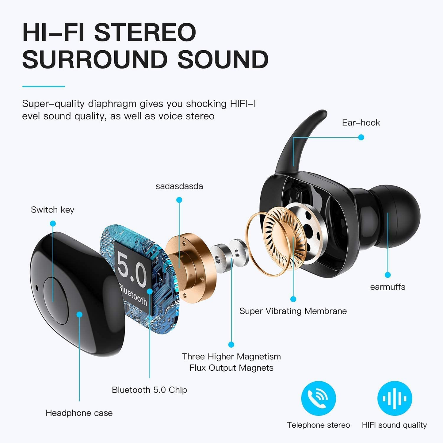 Musment Wireless Earbuds, Bluetooth Headphones with Microphone Bluetooth Earbuds Stereo Calls Extra Bass 36H for Workout,Black,Wts-T11